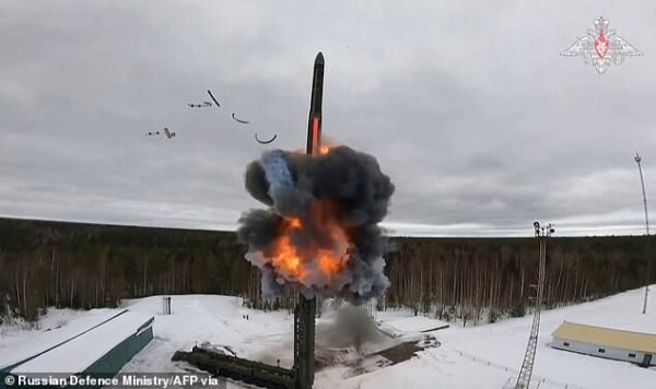 A grab taken from footage released by the Russian Defence Ministry on March 1, 2024 purporting to show the test firing of an intercontinental ballistic missile