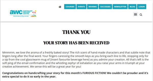 Submission confirmation on the Australian Writers' Centre's Furious Fiction page.