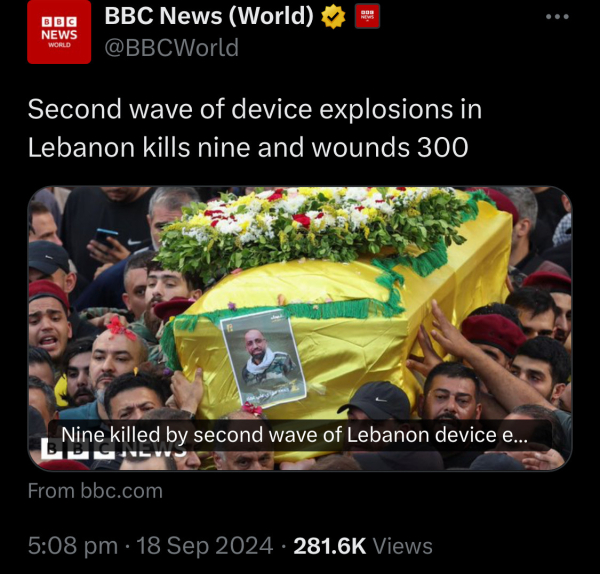 Screenshot of a tweet by the BBC with headline “Second wave of device explosions in Lebanon kills nine and wound 300”