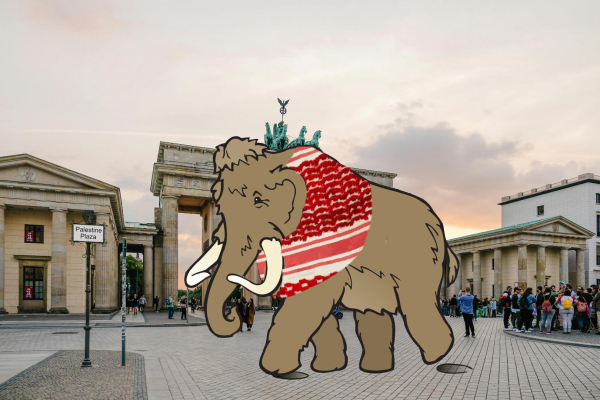 cartoon mastodon with a Palestinian scarf walking in Berlin in front of the Brandenburg Gate in "Palestine Plaza"