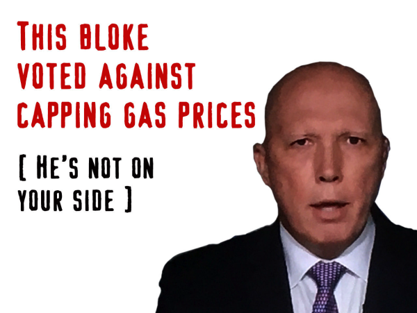 Photo of Dutton and the words ‘this bloke voted against capping gas prices (he’s not on your side)