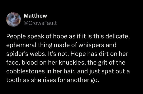 @CrowsFault :
People speak of hope as if it is this delicate, ephemeral thing made of whispers and spider's webs. It's not. Hope has dirt on her face, blood on her knuckles, the grit of the cobblestones in her hair, and just spat out a tooth as she rises for another go.