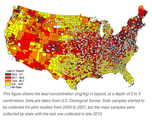 This figure shows the lead concentration (mg/kg) in topsoil, at a depth of 0 to 5 centimeters. Data are taken from U.S. Geological Survey. Soils samples started to be collected for pilot studies from 2004 to 2007, but the main samples were collected by state with the last one collected in late 2010.