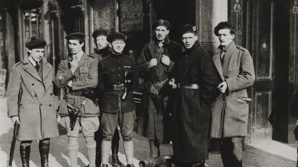 Black and Tans guarding a Dublin street after a shooting on Gloucester Road.