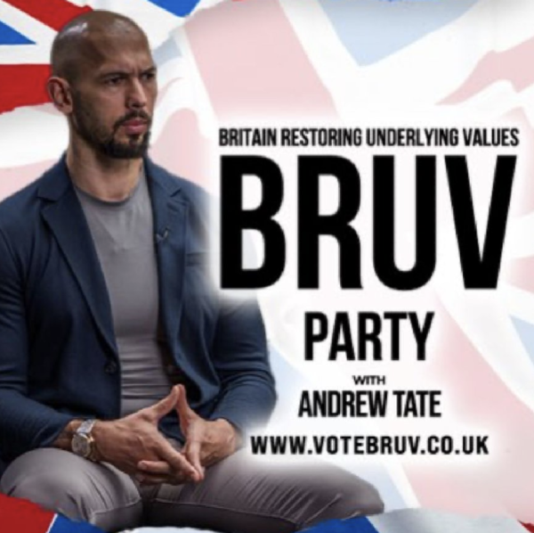 Photo of Andrew Tate in front of a union jack.
"BRUV Party with Andrew Tate."
