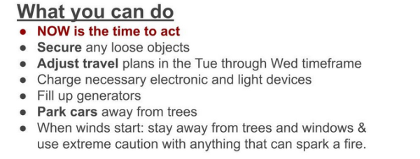 What you can do

o NOW is the time to act

e Secure any loose objects

e Adjust travel plans in the Tue through Wed timeframe

e Charge necessary electronic and light devices

e Fill up generators

e Park cars away from trees

e When winds start: stay away from trees and windows & use extreme caution with anything that can spark a fire. 