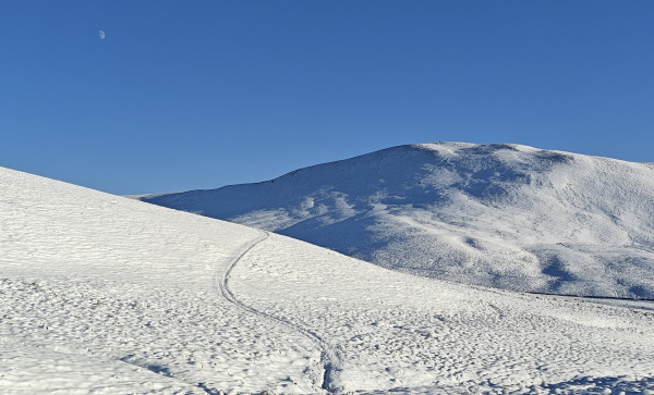 A landscape-oriented colour photograph of snow covered hills beneath a crystal-clear blue sky. 

The snowy slope of Capelaw Hill in the Pentlands is at the left of the picture. The line of a fence rises from the centre at the bottom and curves through the snow until it crosses the slope when it disappears. 

Behind the slope, to the right, the steep Allermuir Hill can be seen, partly in shadow as the bright sun shines from the south.

The half-moon can be seen in the sky to the left of the picture.