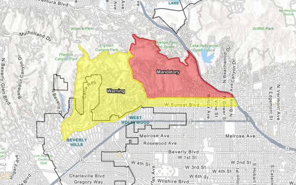 Evac zones above Hollywood/Beverly Hills