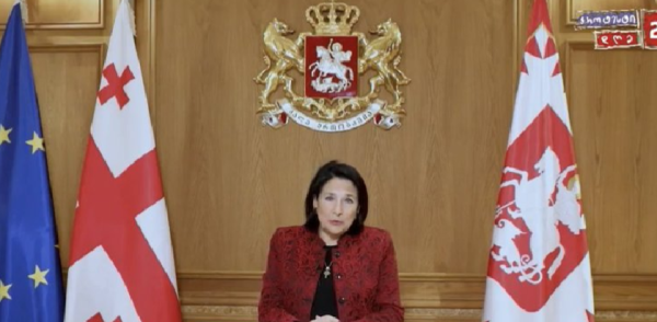 Salome Zourabichvilli addresses the nation of Georgia from her offices. She's sat in front of Georgia and EU flags.