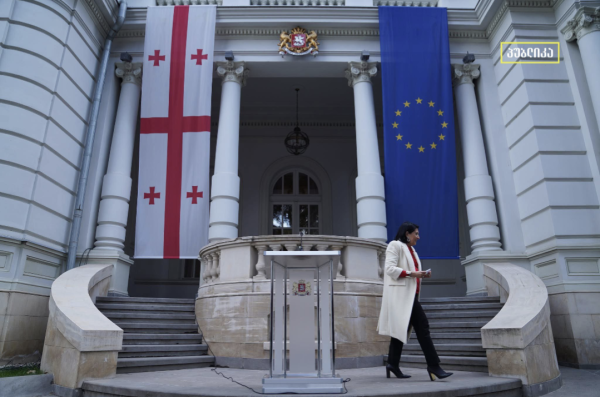 Georgian President Salome Zourabchivili walking away from a podium outside the presidential palace in Tbilisi, Georgia.