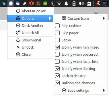 Ein Screenshot vom KDocker-Menü zeigt verschiedene Optionen.