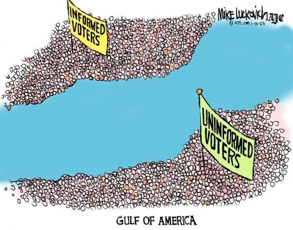  Cartoon by Mike Luckovich...

A pictorial/cartoon depicting the "GULF OF AMERICA"

On one side of a body of water is a mass with a banner labeling them "INFORMED VOTERS".

Across the water is another mass of people, with a banner labeling them as "UNINFORMED VOTERS". 
