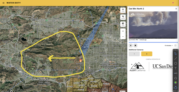 Snapshot from Watch Duty depicting Kenneth Fire and primary direction of spread.