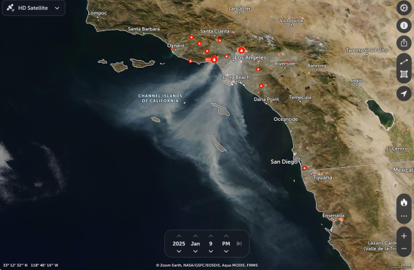 The same satellite view, this time with red markers indicating hot spots; most are active wildfires.
There are many of them, the largest of which are very close to Los Angeles.