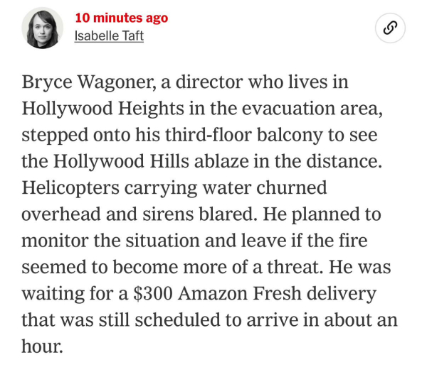 Screenshot of social media post describing millionaire waiting for $300 Amazon fresh delivery on his apartment balcony while LA burns.