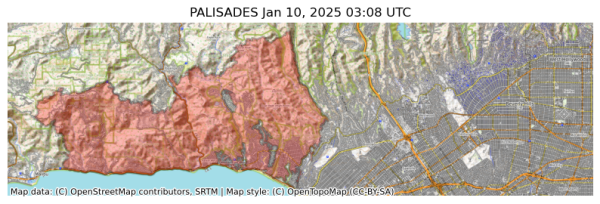 Visual map representation of the PALISADES wildfire, showing the perimeters of the 19058.65960158052 acre fire on a map.