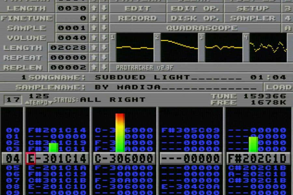 Screenshot of Protracker on the Commodore Amiga playing Maddi's track 'Subdued Light'