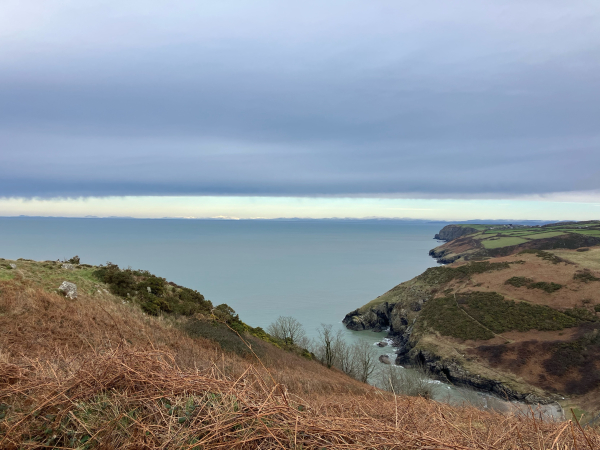 Photo of a view from a cliff top path, down to a rocky cove with a shingle beach, and along the coast of Cardigan Bay with the Llŷn peninsula a line on the horizon. The sea and sky are similar shades of dark grey-blue but there’s a strip of pale blue in between, clearer sky above the peninsula. Mountain tops gleam white with snow.