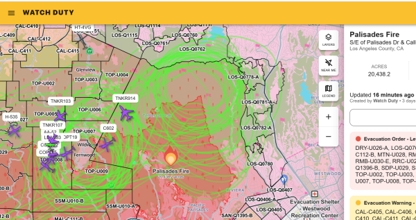 screen shot of Watch Duty with green traces of firefighting aircraft fighting the Palisades fire