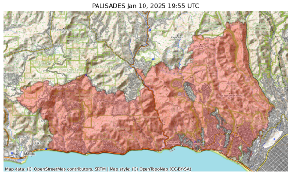 Visual map representation of the PALISADES wildfire, showing the perimeters of the 20036.658297752892 acre fire on a map.