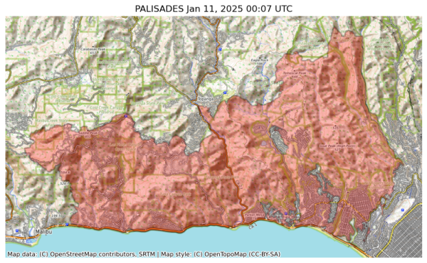 Visual map representation of the PALISADES wildfire, showing the perimeters of the 20455.88850296879 acre fire on a map.