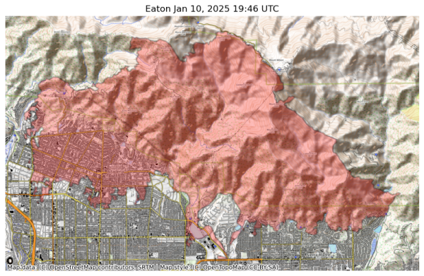 Visual map representation of the Eaton wildfire, showing the perimeters of the 14017.12678455924 acre fire on a map.