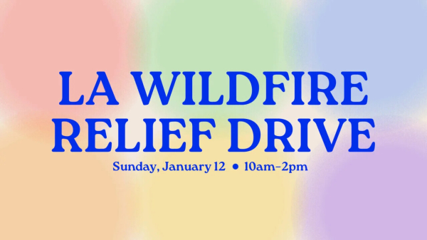 Blue text that reads “LA WILDFIRE RELIEF DRIVE” underneath that text it reads “Sunday, January 12, 10am-2pm” the background is a blended rainbow