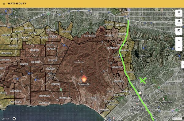 Snapshot from Watch Duty of expanded evacuation orders on the westside of Los Angeles due to the Palisades Fire. Some evacuations now extend all the way to (and locally to the east of) the 405 freeway, and north all the way to Ventura Boulevard. The I-405 corridor is indicated by green line, and UCLA campus is denoted by a green "X."