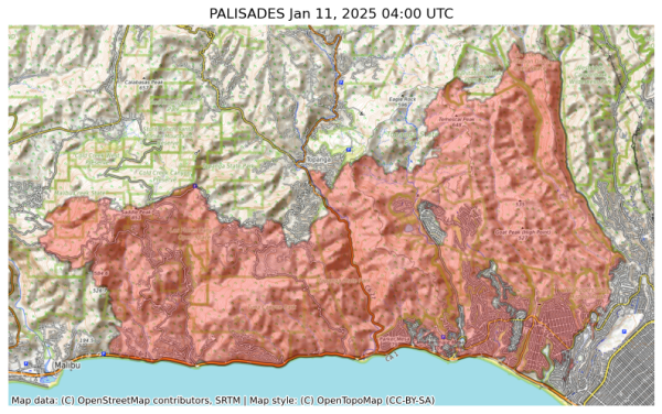 Visual map representation of the PALISADES wildfire, showing the perimeters of the 21317.0 acre fire on a map.