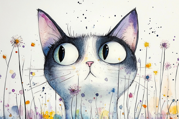 This delightful artwork captures the whimsical charm of a wide-eyed black and white cat surrounded by a meadow of colorful wildflowers.

The cat’s enormous, curious eyes are filled with playful curiosity, while delicate splashes of pastel purples, yellows, and blues give the flowers a soft, dreamy appearance. The artistic ink-like lines and scattered paint splatters add a sense of spontaneity and fun to the scene.

This artwork brings a smile with its lighthearted character, making it a perfect addition to a child's room, art studio, or any cozy space in need of a cheerful and artistic touch.