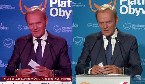 Na pierwszym zdjęciu jest czerwony Donald Tusk, symbol platformy obywatelskiej jest pomarańczowy, ale przez czerwony kolor wygląda jak jego rogi (Pod tym jest informacja od TVP info)

Drugie zdjęcie [przedstawia to samo, ale bez czerwonego koloru