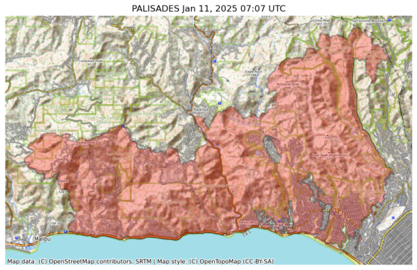 Visual map representation of the PALISADES wildfire, showing the perimeters of the 21317.0 acre fire on a map.