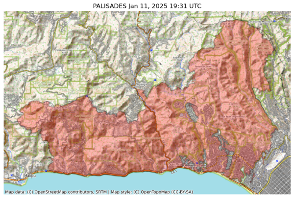 Visual map representation of the PALISADES wildfire, showing the perimeters of the 22346.652937034385 acre fire on a map.