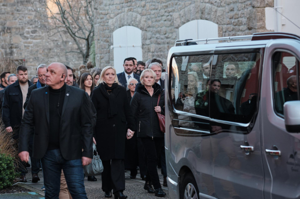 Marine, Yann and Marie-Caroline Le Pen follows the coffins of their father Jean-Marie Le Pen to the cemetery in la Trinite-sur-Mer, France on January 11, 2025.