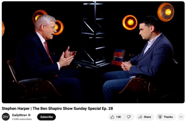 Photograph of Stephen Harper sitting having a conversation with Ben Shapiro,   Source: the Daily Wire