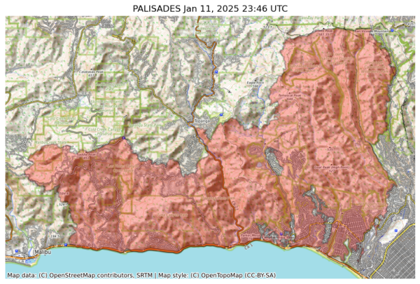 Visual map representation of the PALISADES wildfire, showing the perimeters of the 23342.901882481692 acre fire on a map.