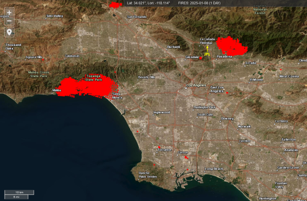 Wildfire map of LA area from the NASA FIRMS System.
Areas with active fires are shaded in red.