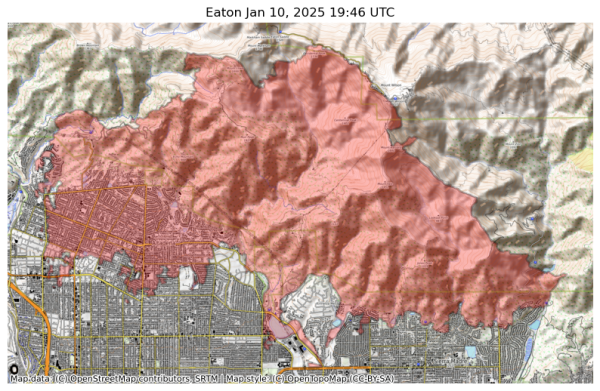 Visual map representation of the Eaton wildfire, showing the perimeters of the 14017.12678455924 acre fire on a map.