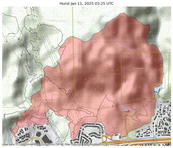 Visual map representation of the Hurst wildfire, showing the perimeters of the 799.8176376199292 acre fire on a map.