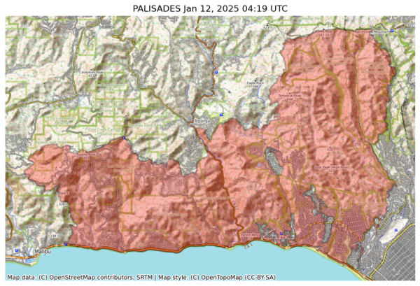 Visual map representation of the PALISADES wildfire, showing the perimeters of the 23440.350923679274 acre fire on a map.