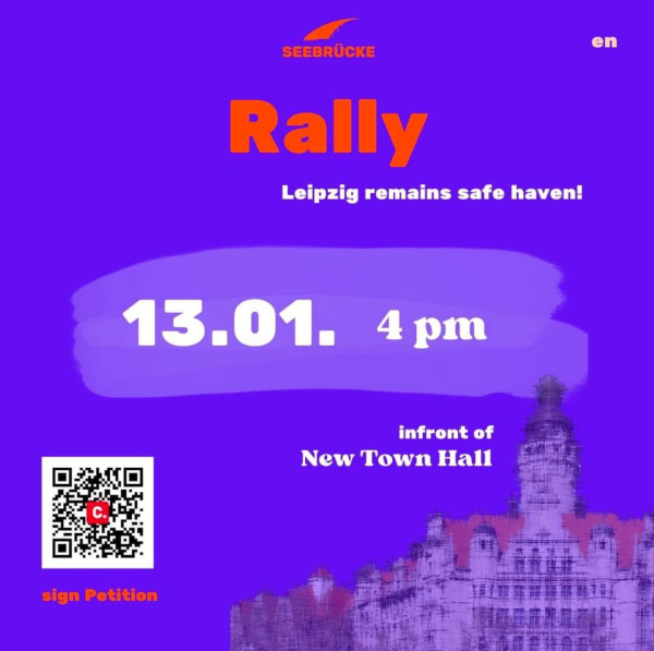 The picture is an announcement for a rally in Leipzig on January 13 at 4 pm in front of the New City Hall.  The background is purple, the text is orange and white.  A QR code for signing a petition is also included.  The slogan “Leipzig remains a safe haven!” is highlighted.  The image shows a stylized representation of Leipzig's New Town Hall.