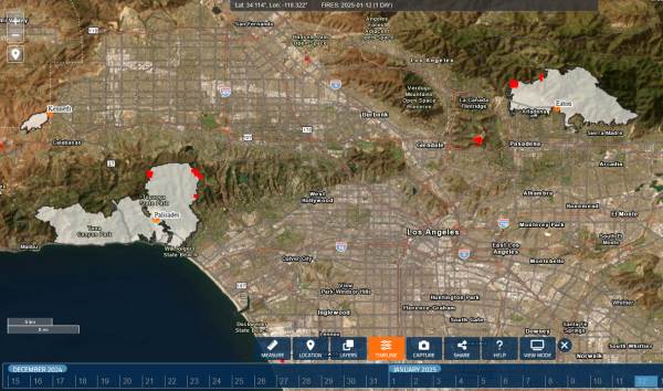 Fire map of LA area showing burnt areas and a few small active fires.