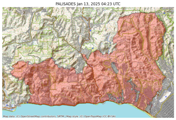 Visual map representation of the PALISADES wildfire, showing the perimeters of the 23465.390643641626 acre fire on a map.