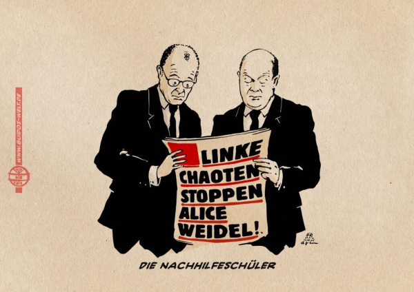 Illustration Merz und Scholz beim gemeinsamen lesen der gestrigen Bildschlagzeile: LINKE CHAOTEN STOPPEN ALICE WEIDEL! Textzeile: Die Nachhilfeschüler