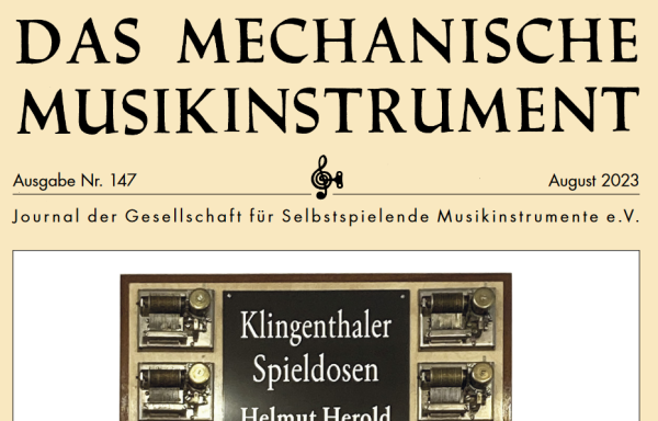 Screenshots des Titelblatts der Zeitschrift "Das Mechanische Musikinstrument" vom August 2023