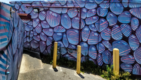 Backside of a restaurant near the beach painted in colorful blue and purple bubble patterns.