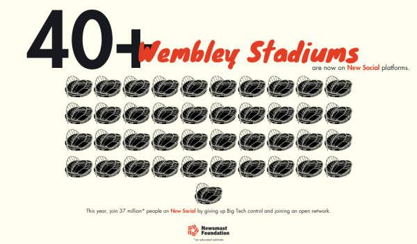 The graphic, in Newsmast Foundation colours, shows 40 drawings of Wembley Stadium alongside copy. The copy reads: 40+ Wembley Stadiums are now on New Social platforms. This year, join 37* million people on New Social by giving up Big Tech control and joining an open network. *an educated estimate.