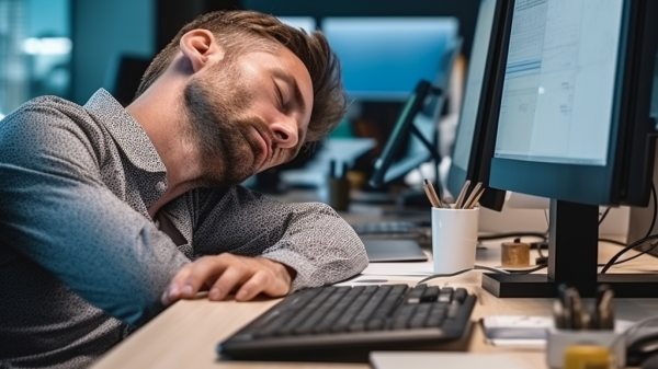 A man asleep at work —
Snoozin' ain't losin'!