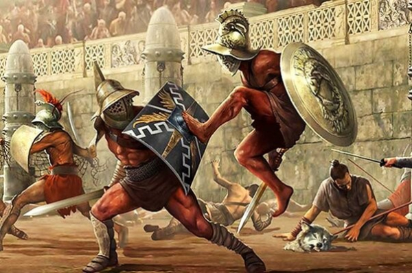 Gladiators fighting in a colosseum.