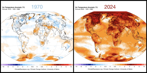 Two maps of Earth, side-by-side, showing global temperature anomalies compared with the 1951-1980 average. The first map, labeled 1970, shows how much cooler temperatures around the globe were then, with most areas in blue or white and only a few in orange. The second map, labeled 2024, reveals how much heat is now baking the planet. Almost all areas are orange, red, or dark red. 